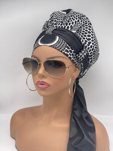 Niceroy satin lined Turban Hat with Satin scarf, Multipurpose Ankara Turban Hat, a gift for her, Black and White Fabric Muslim Women Turban