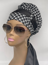 Load image into Gallery viewer, Niceroy satin lined Turban Hat with Satin scarf, Multipurpose Ankara Turban Hat, a gift for her, Black and White Fabric Muslim Women Turban