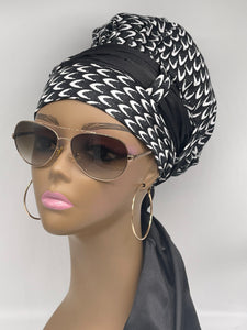 Niceroy satin lined Turban Hat with Satin scarf, Multipurpose Ankara Turban Hat, a gift for her, Black and White Fabric Muslim Women Turban