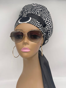 Niceroy satin lined Turban Hat with Satin scarf, Multipurpose Ankara Turban Hat, a gift for her, Black and White Fabric Muslim women Turban