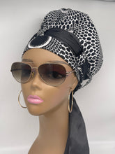 Load image into Gallery viewer, Niceroy satin lined Turban Hat with Satin scarf, Multipurpose Ankara Turban Hat, a gift for her, Black and White Fabric Muslim women Turban