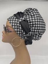 Load image into Gallery viewer, Niceroy satin lined Turban Hat with Satin scarf, Multipurpose Ankara Turban Hat, a gift for her, Black and White Fabric Muslim Women Turban