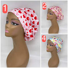 Load image into Gallery viewer, Niceroy VALENTINE EUROPE Style Adjustable SCRUB Cap nursing hats, Love Heart Cotton print fabrics and satin lining option Euro style caps