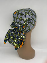 Load image into Gallery viewer, Adjustable Ankara PONY SCRUB CAP, cotton fabric surgical scrub hat nursing caps and satin lining option for locs /Long Hair