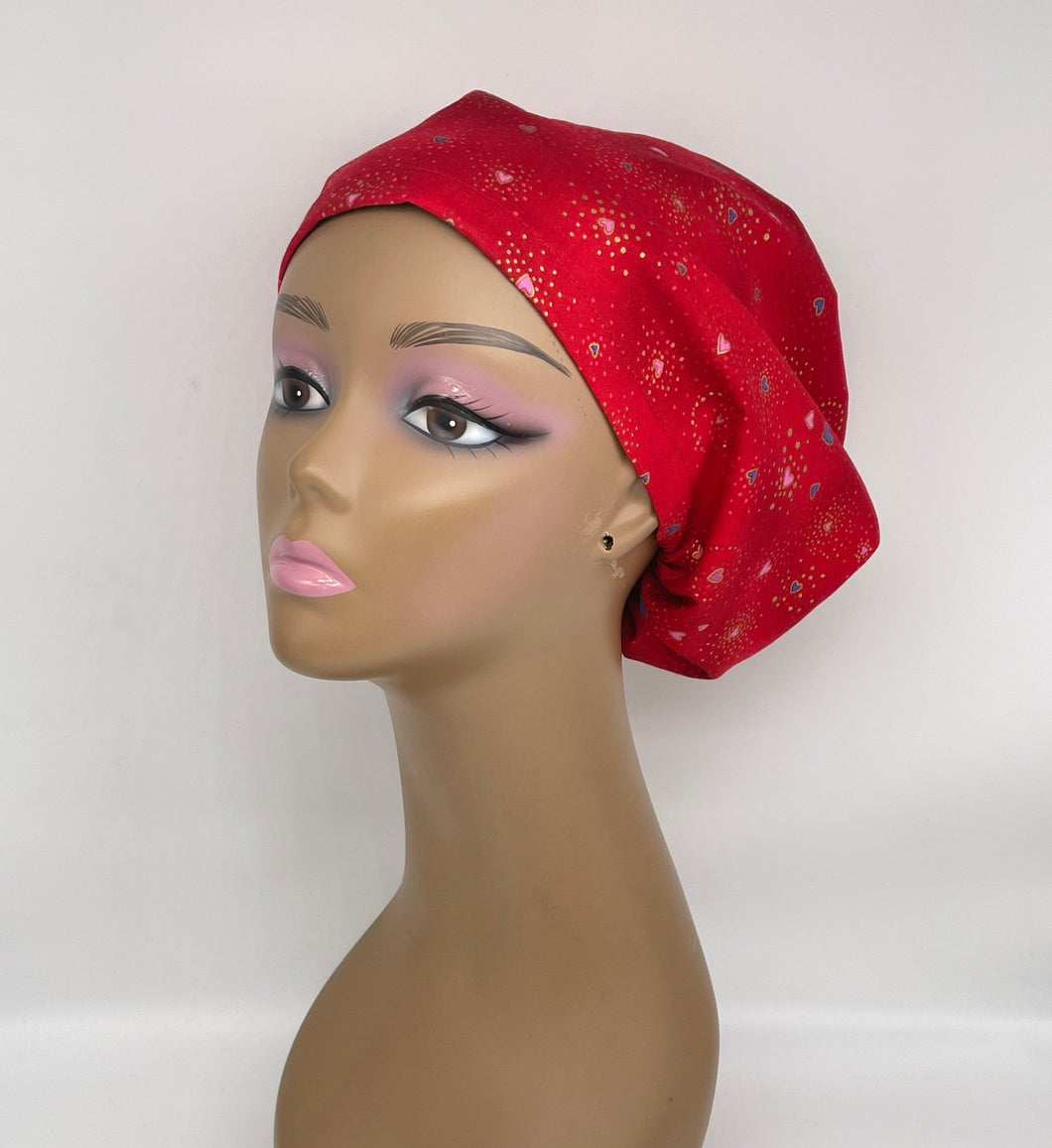 Niceroy surgical SCRUB HAT CAP, Red Love Heart cotton fabric Europe style nursing caps with satin lining option bonnet, nurse gift