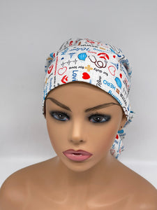 Adjustable PONY SCRUB CAP, Nurse and Doctors cotton fabric surgical scrub hat nursing caps with satin lining for locs /Long Hair, Hero