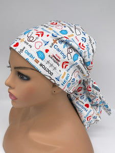 Adjustable PONY SCRUB CAP, Nurse and Doctors cotton fabric surgical scrub hat nursing caps with satin lining for locs /Long Hair, Hero