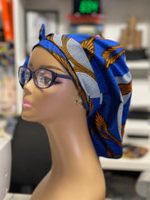 Load image into Gallery viewer, Adjustable Ankara PONY SCRUB CAP, cotton fabric surgical scrub hat pony nursing caps and satin lining option for locs /Long Hair Bonnet