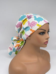 Adjustable PONY SCRUB CAP, Easter fabric surgical scrub hat nursing caps with satin lining for locs /Long Hair, Easter nurse Gift