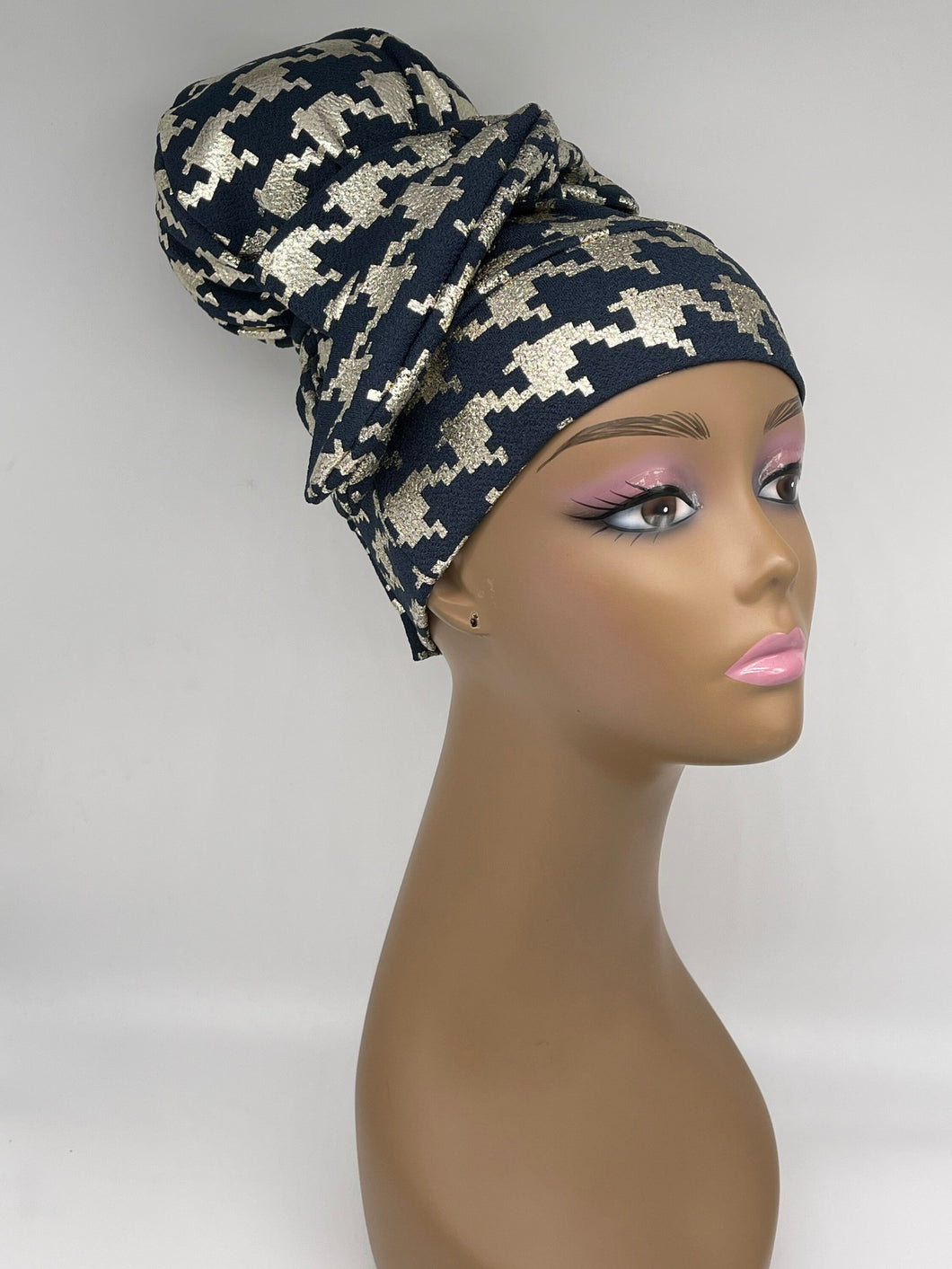 NICEROY stretch fabric HIGH BUN scrub cap, top bun hat, Navy blue and gold hat, Easy on beanie Hat, Chemo cap