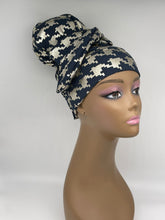 Load image into Gallery viewer, NICEROY stretch fabric HIGH BUN scrub cap, top bun hat, Navy blue and gold hat, Easy on beanie Hat, Chemo cap