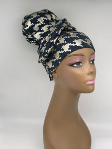 NICEROY stretch fabric HIGH BUN scrub cap, top bun hat, Navy blue and gold hat, Easy on beanie Hat, Chemo cap