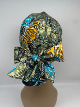 Load image into Gallery viewer, Adjustable PONY SCRUB HAT, surgical Cap blue green shiny metallic Ankara nursing caps cotton fabric and satin lining option for Long Hair