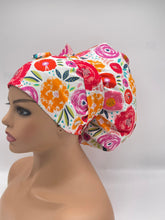 Load image into Gallery viewer, Adjustable jumbo PONY SCRUB CAP, pink orange cotton fabric surgical scrub hat nursing caps and satin lining option for locs /Long Hair