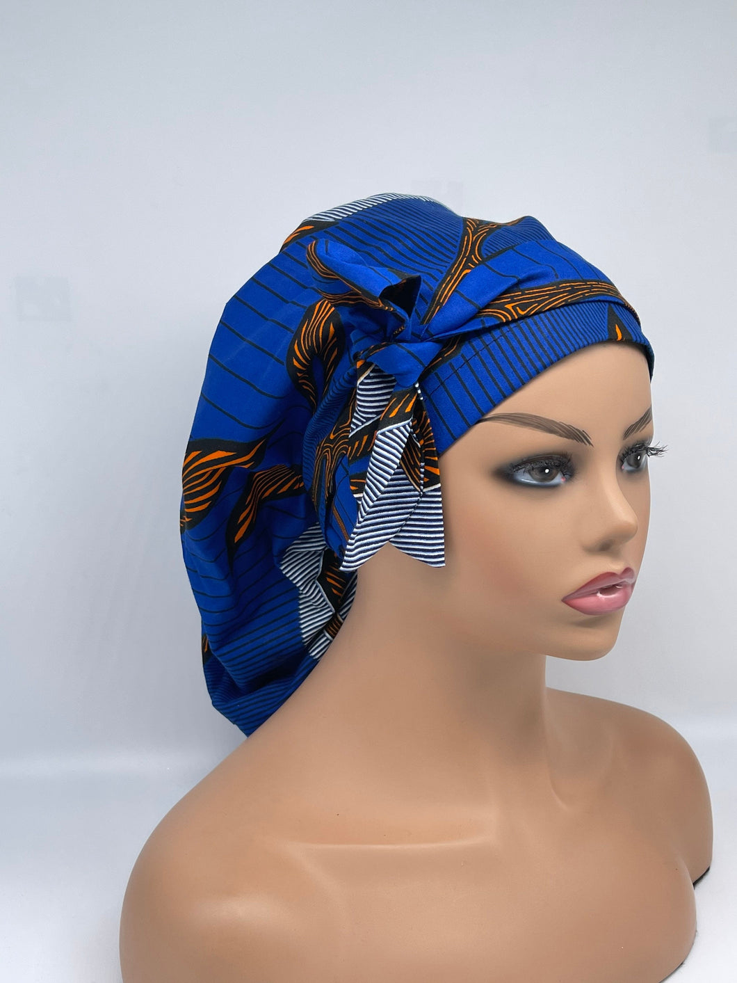 Adjustable Ankara PONY SCRUB CAP, cotton fabric surgical scrub hat royal blue, orange nursing and satin lining option for locs /Long Hair