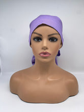 Load image into Gallery viewer, Adjustable PONY SCRUB CAP, solid purple cotton fabric surgical scrub hat pony nursing caps and satin lining option for locs /Long Hair