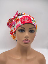 Load image into Gallery viewer, Adjustable jumbo PONY SCRUB CAP, pink orange cotton fabric surgical scrub hat nursing caps and satin lining option for locs /Long Hair