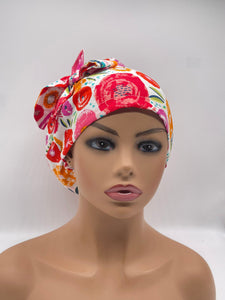 Adjustable jumbo PONY SCRUB CAP, pink orange cotton fabric surgical scrub hat nursing caps and satin lining option for locs /Long Hair
