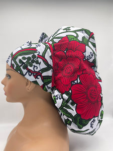 Adjustable 2XL JUMBO PONY SCRUB Cap, White Green Red cotton fabric surgical nursing hat satin lining option for Extra long/thick Hair/Locs