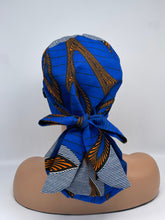 Load image into Gallery viewer, Adjustable Ankara PONY SCRUB CAP, cotton fabric surgical scrub hat royal blue, orange nursing and satin lining option for locs /Long Hair