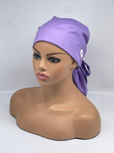 Load image into Gallery viewer, Adjustable PONY SCRUB CAP, solid purple cotton fabric surgical scrub hat pony nursing caps and satin lining option for locs /Long Hair