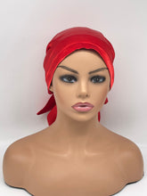Load image into Gallery viewer, Adjustable PONY SCRUB CAP, red satin fabric surgical scrub hat pony nursing caps and satin lining option for locs /Long Hair