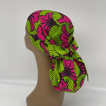 Load image into Gallery viewer, Adjustable PONY SCRUB CAP, black,pink and green cotton fabric surgical scrub hat pony nursing caps, satin lining option for locs /Long Hair