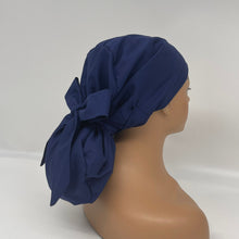 Load image into Gallery viewer, Adjustable PONY SCRUB CAP, solid navy blue cotton fabric surgical scrub hat pony nursing caps and satin lining option for locs /Long Hair