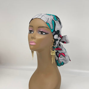 Adjustable Ankara PONY SCRUB CAP, teal, pink and white cotton fabric surgical scrub hat pony nursing caps for locs and braids