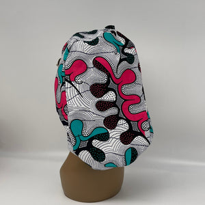 Adjustable Ankara PONY SCRUB CAP, teal, pink and white cotton fabric surgical scrub hat pony nursing caps for locs and braids