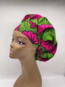 Niceroy SCRUB HAT CAP, Bouffant Nursing surgical scrub hat caps pink and green cotton African print fabric and satin lining option