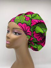 Load image into Gallery viewer, Niceroy SCRUB HAT CAP, Bouffant Nursing surgical scrub hat caps pink and green cotton African print fabric and satin lining option