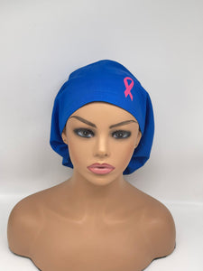 Niceroy BREAST CANCER AWARENESS Europe Style surgical scrub hat, Royal Blue nursing capsHat pink Ribbon satin lining option scrub cap