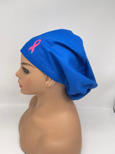 Load image into Gallery viewer, Niceroy BREAST CANCER AWARENESS Europe Style surgical scrub hat, Royal Blue nursing capsHat pink Ribbon satin lining option scrub cap