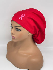 Niceroy BREAST CANCER AWARENESS Europe Style surgical scrub hat, Red nursing capsHat pink Ribbon satin lining option scrub cap