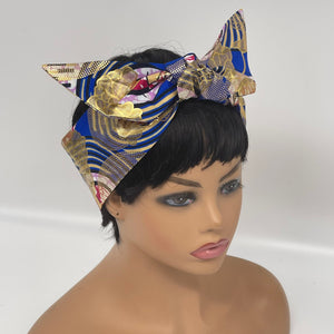 Niceroy Multipurpose Retro head neck scarf, cotton scarf, vintage style scarf, royal blue, pink, metallic gold 60s style scarf