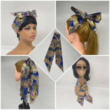 Load image into Gallery viewer, Niceroy Multipurpose Retro head neck scarf, cotton scarf, vintage style scarf, royal blue, pink, metallic gold 60s style scarf