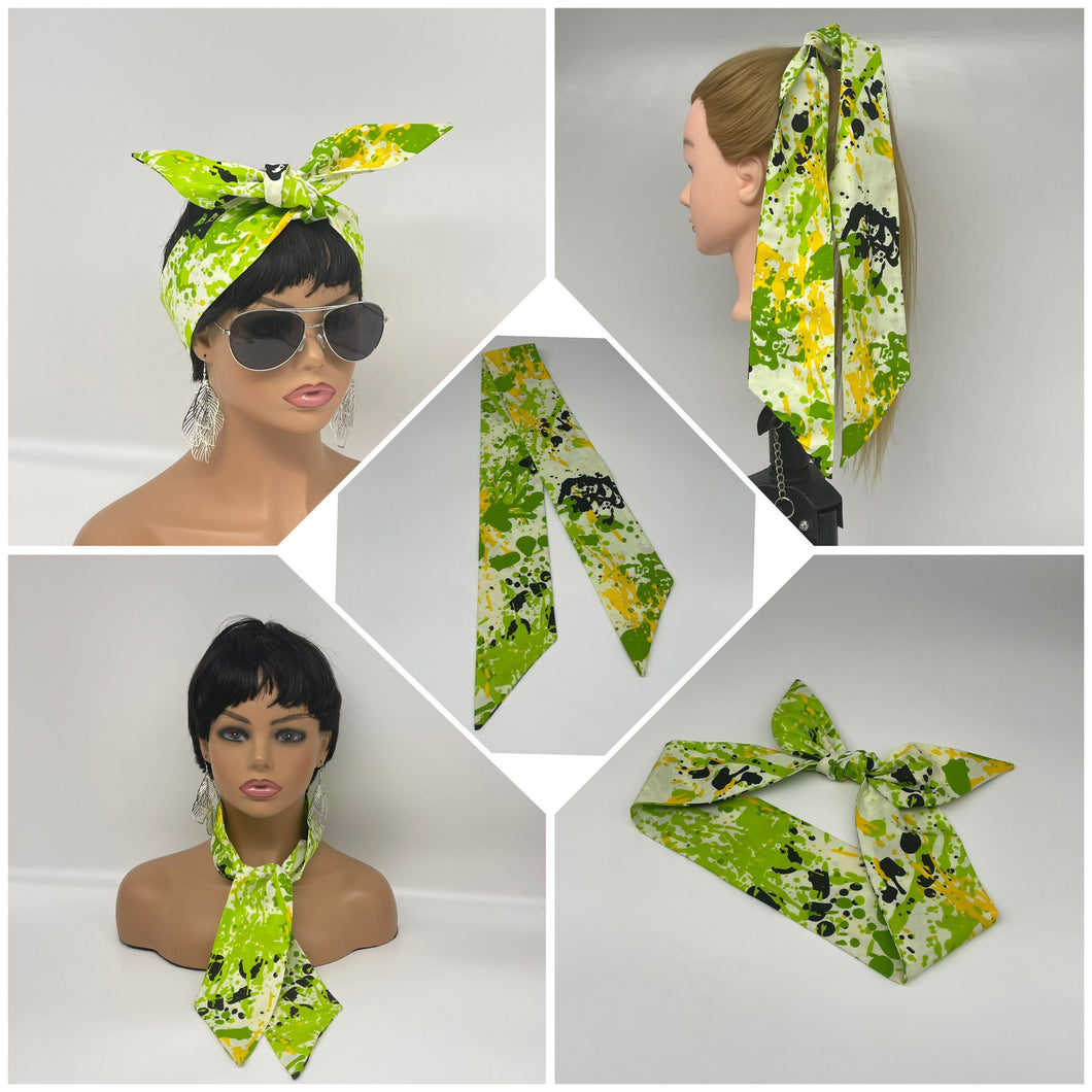 Niceroy Retro Multipurpose head neck scarf, cotton scarf, vintage style scarf, green, yellow, black, off white 60s style scarf paint splash