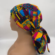 Load image into Gallery viewer, Adjustable PONY SCRUB HAT, surgical scrub hat Ankara pony style nursing caps made with kente cotton fabric and satin lining option Long Hair