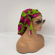 Load image into Gallery viewer, Adjustable PONY SCRUB CAP, black,pink and green cotton fabric surgical scrub hat pony nursing caps, satin lining option for locs /Long Hair