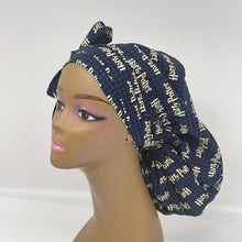 Load image into Gallery viewer, Adjustable PONY SCRUB CAP, navy blue and tan Harry potter cotton Halloween scrub hat nursing caps, satin lining option for locs /Long Hair