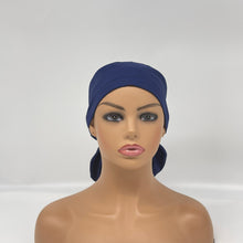 Load image into Gallery viewer, Adjustable PONY SCRUB CAP, solid navy blue cotton fabric surgical scrub hat pony nursing caps and satin lining option for locs /Long Hair