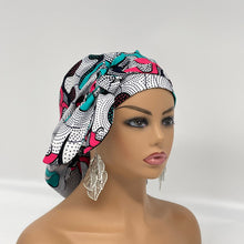 Load image into Gallery viewer, Adjustable Ankara PONY SCRUB CAP, teal, pink and white cotton fabric surgical scrub hat pony nursing caps for locs and braids