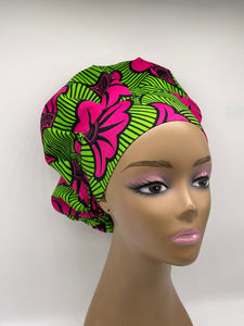 Niceroy SCRUB HAT CAP, Bouffant Nursing surgical scrub hat caps pink and green cotton African print fabric and satin lining option