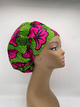 Load image into Gallery viewer, Niceroy SCRUB HAT CAP, Bouffant Nursing surgical scrub hat caps pink and green cotton African print fabric and satin lining option