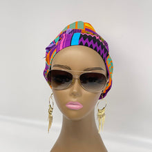 Load image into Gallery viewer, Adjustable JUMBO PONY SCRUB Cap, pink purple Kente cotton fabric surgical nursing hat and satin lining option for Extra long/thick Hair/Locs