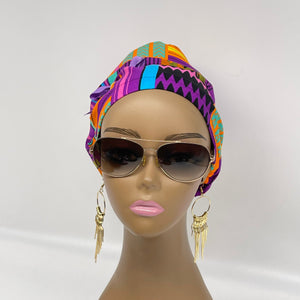 Adjustable JUMBO PONY SCRUB Cap, pink purple Kente cotton fabric surgical nursing hat and satin lining option for Extra long/thick Hair/Locs