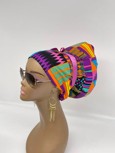Adjustable JUMBO PONY SCRUB Cap, pink purple Kente cotton fabric surgical nursing hat and satin lining option for Extra long/thick Hair/Locs