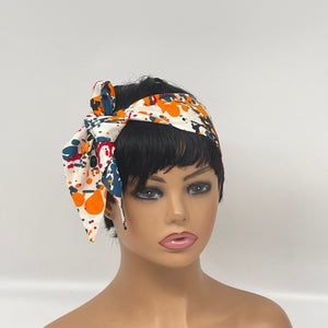 Niceroy Retro Multipurpose head neck scarf, cotton scarf, vintage style scarf, red blue orange off white paint splash fabric 60s style scarf