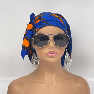 Adjustable Ankara PONY SCRUB CAP, cotton fabric surgical scrub hat Royal blue and Orange satin lining option for locs, braid, long hair